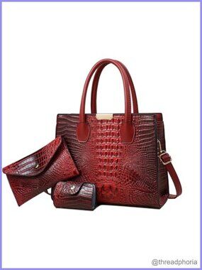 Crocodile Embossed 3-Piece Tote Handbag Set with Wallet & Cardholder